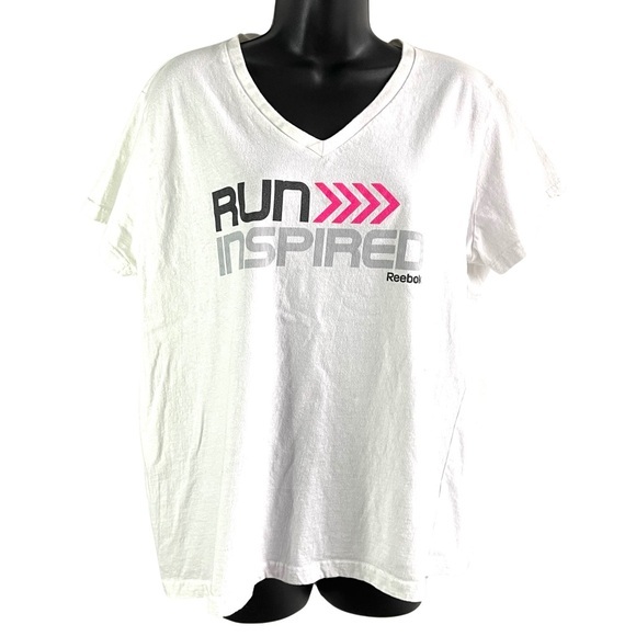 Reebok White V Neck Run Inspired Graphic Short Sleeve Cotton SzXL Tee Shirt - Picture 1 of 7